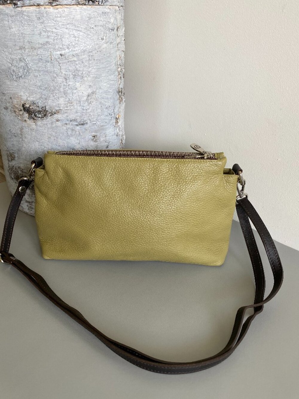 VALENTINA Italy Olive Green Pebbled Leather Triple Compartment Crossbody Bag